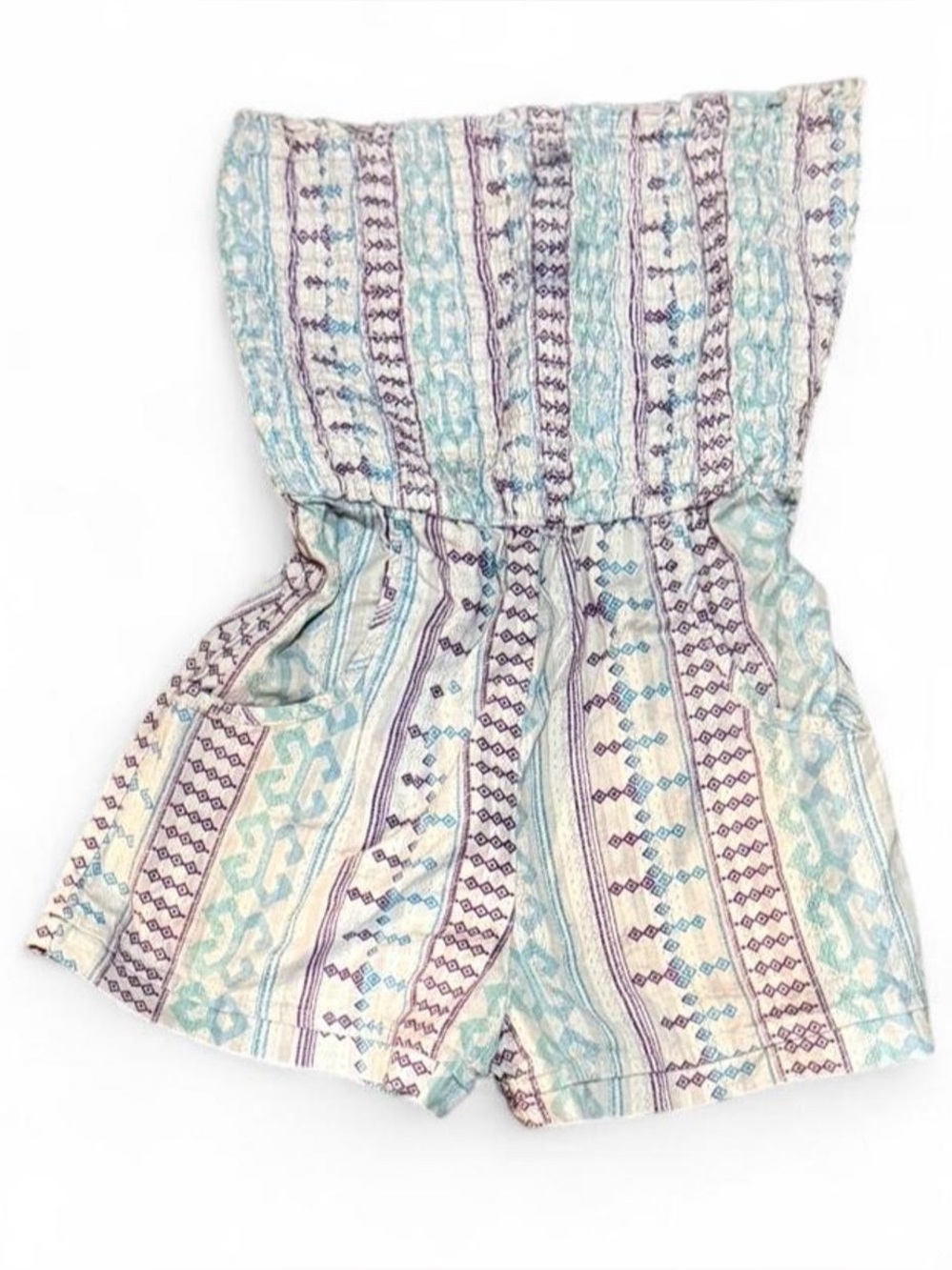 OP Ocean Pacific Strapless Teal and Purple Geometric Bohemian Print Romper Sz M
